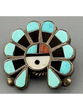 Vintage Southwestern Sunface Brooch Inlay Turquoise Black Onyx